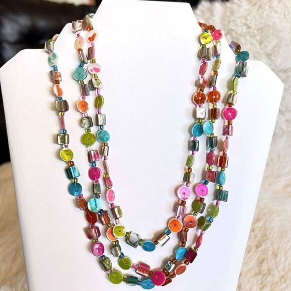 17" Multi-Strand Multicolor Handmade Statement Necklace / Boho Style / Shell - Picture 12 of 12